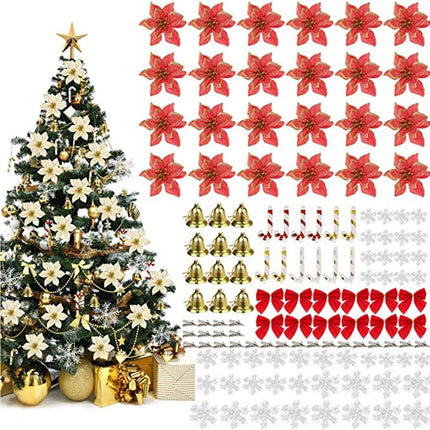 120Pcs Christmas Artificial Flower Bowknot Canes Bells-Red.