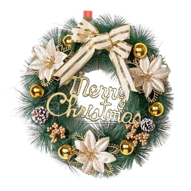 Xmas Wreath with Bow Colored Balls Three Flowers Ornamental Energy Saving Christmas Decoration Ultra-realistic Outdoor Lighted Christmas Wreath for Party-A.