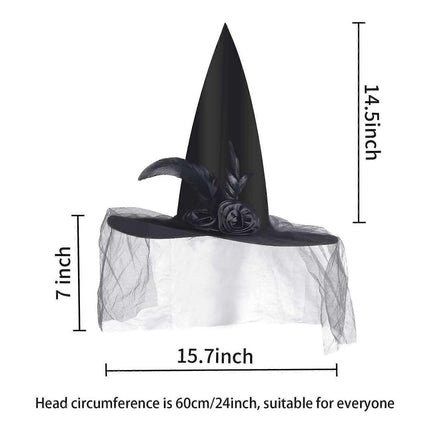 Halloween Witch Hat - Halloween Costume Witches Hats for Women attached with Roses & Feathers-Black.