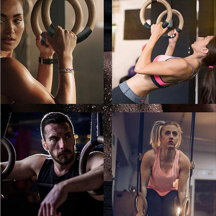 2 pcs Wood Gymnastic Rings - Olympic Gym Rings with Adjustable Straps, Heavy Duty Gym Equipment for Home Gym, Train Workout, Strength Training 28mm.