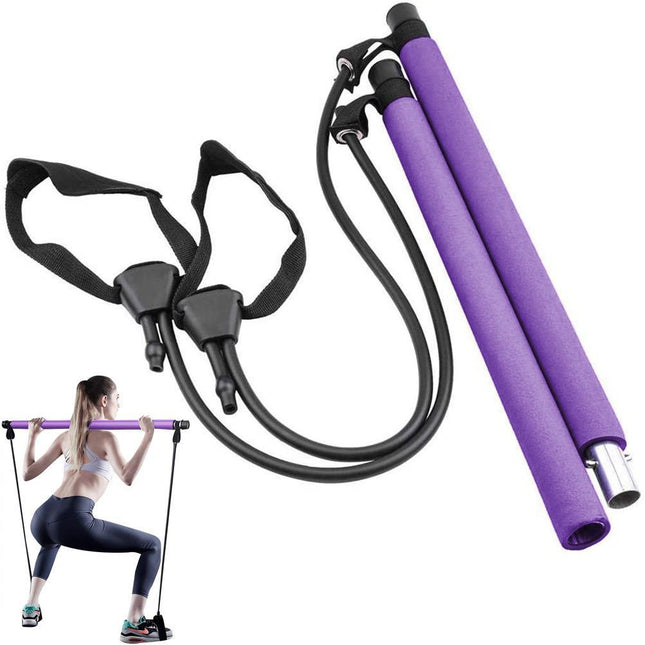 Pilates Exercise Stick Kit,Portable Compact 3-Section Yoga Resistance Bands for Legs and Butt, Pilates Bar with Foot Strap for Full Body Workout - Purple.