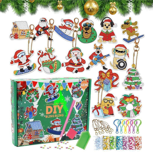15Pcs Christmas Dot Drill Decorative Painting Keychain Decor DIY Crystal Key Ring Pendant Gift.