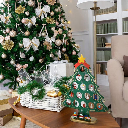 24 Days Advent Calendar Set Wooden Tabletop Christmas Tree with Christmas Tree Decorative Ornaments.
