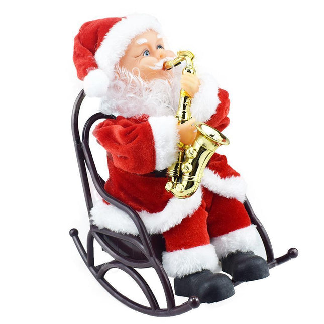 2024 Christmas Playing Saxophone Santa Claus in Chair with Music Electric Funny Santa Decoration Christmas Gifts.