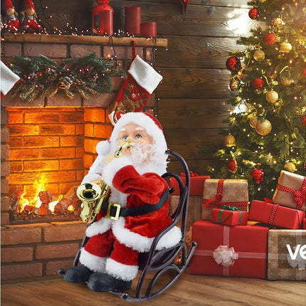 2024 Christmas Playing Saxophone Santa Claus in Chair with Music Electric Funny Santa Decoration Christmas Gifts.