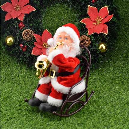 2024 Christmas Playing Saxophone Santa Claus in Chair with Music Electric Funny Santa Decoration Christmas Gifts.
