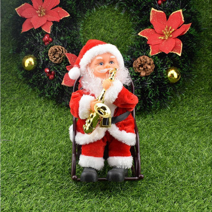 2024 Christmas Playing Saxophone Santa Claus in Chair with Music Electric Funny Santa Decoration Christmas Gifts.