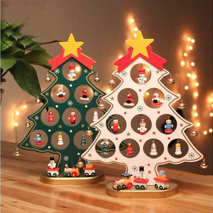 Funny Desktop Wooden Christmas Tree Decor Christmas Toy Set with 10 Mini Ornaments-Red.