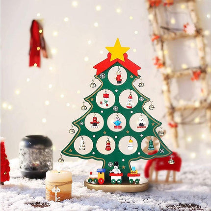 Funny Desktop Wooden Christmas Tree Decor Christmas Toy Set with 10 Mini Ornaments-Red.