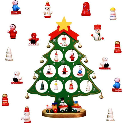 Funny Desktop Wooden Christmas Tree Decor Christmas Toy Set with 10 Mini Ornaments-Red.