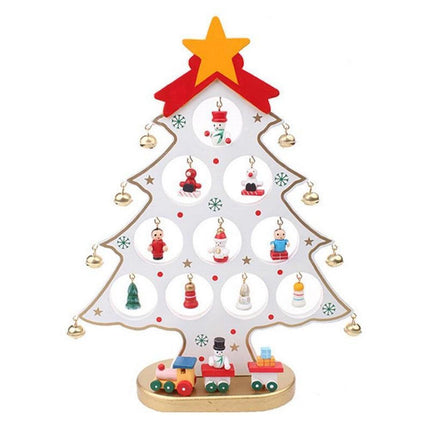 Funny Desktop Wooden Christmas Tree Decor Set with 10 Mini Ornaments - White.