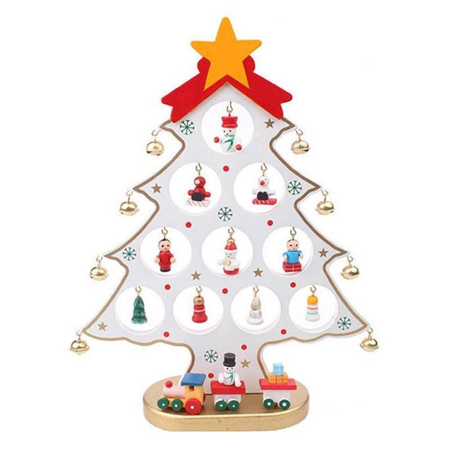 Funny Desktop Wooden Christmas Tree Decor Set with 10 Mini Ornaments - White.