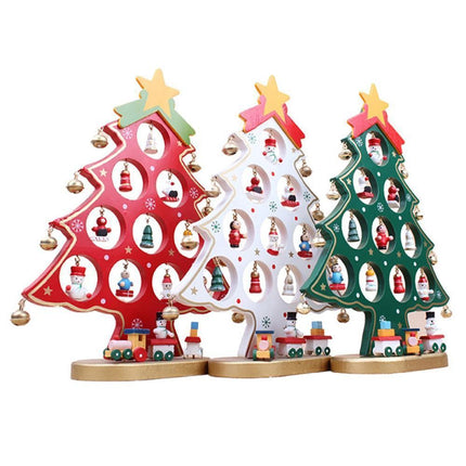 Funny Desktop Wooden Christmas Tree Decor Set with 10 Mini Ornaments - White.
