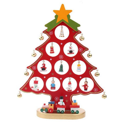 Funny Desktop Wooden Christmas Tree Decor Set with 10 Mini Ornaments - Red.
