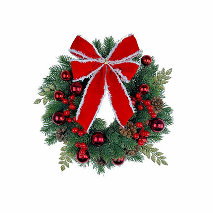 Christmas Decoration Wreath for Front Door, Wall Hanging Snowball Red Berry Pine Cone Garland Ornament for Xmas Party Indoors - 33cm.