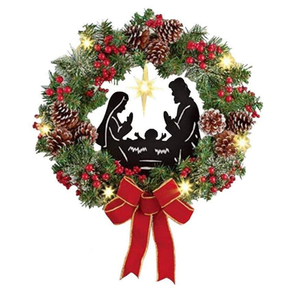 Christmas Wreath Christmas Ornament Decoration Holy Family Set Led Lights Candle Front Door Wall Christmas Hanging Sign Sacred - Red - 35*35*4cm.