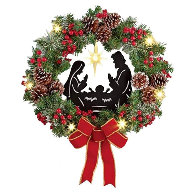 Christmas Wreath Christmas Ornament Decoration Holy Family Set Led Lights Candle Front Door Wall Christmas Hanging Sign Sacred - Red - 35*35*4cm.