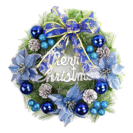 Christmas Wreath Merry Christmas Front Door Ornament Wall Artificial Pine Garland for Party Decor - blue - 30cm.