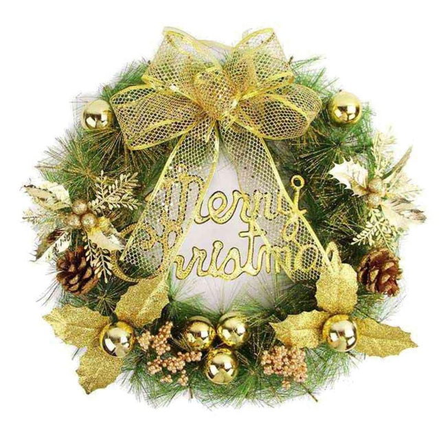 Christmas Wreath Merry Christmas Front Door Ornament Wall Artificial Pine Garland for Party Decor - gold - 30cm.