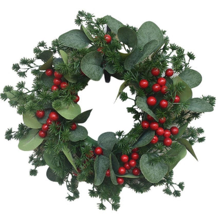 Christmas Wreath Winter Wreath with Red Jingle Bells and Berries Door Wreath with Artificial Snow Christmas Decorations with Pine Branches - 30CM.