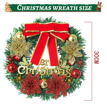 Merry Christmas Wreath 12 Inch Christmas Decorations Front Door Wreath Ornament Wall Artificial Pine Garland, with Bowknot, Bells, Red Berries - 30CM.