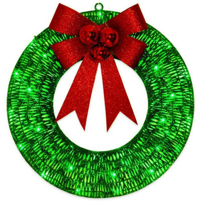 Outdoor Christmas Wreath Decoration, LED Metal Holiday Decor for Home Exterior, Garden - Green 50CM.