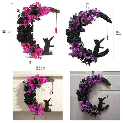 2pcs Halloween Moon Cat Garland with Rose, Black Cat Moon Wreath, Halloween Outdoor Decorations Variant Colour Value Multi.
