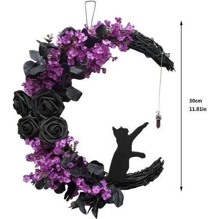 2pcs Halloween Moon Cat Garland with Rose, Black Cat Moon Wreath, Halloween Outdoor Decorations Variant Colour Value Multi.
