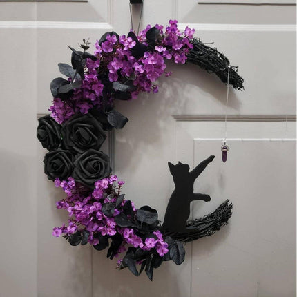2pcs Halloween Moon Cat Garland with Rose, Black Cat Moon Wreath, Halloween Outdoor Decorations Variant Colour Value Multi.