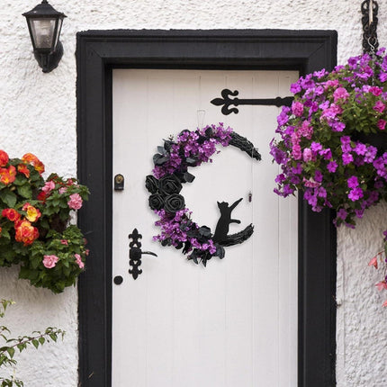 2pcs Halloween Moon Cat Garland with Rose, Black Cat Moon Wreath, Halloween Outdoor Decorations Variant Colour Value Multi.
