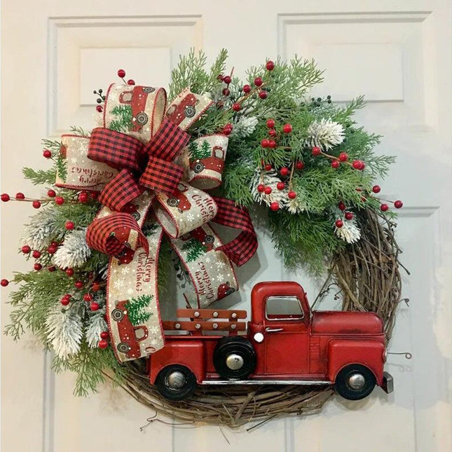 40cm Christmas Wreath, Vintage Red Truck Christmas Wreath, Christmas Decoration, Artificial Christmas Garland.