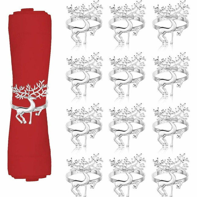 12Pcs Christmas Deer Napkin Rings Set, Glossy Elk Napkin Holder, Chic Reindeer Napkin Buckle,Xmas Dining Table Decor Supplies (Silver).