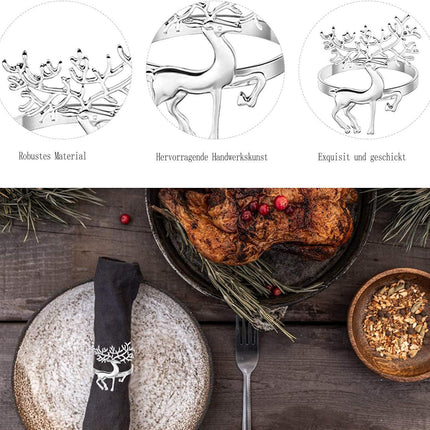 12Pcs Christmas Deer Napkin Rings Set, Glossy Elk Napkin Holder, Chic Reindeer Napkin Buckle,Xmas Dining Table Decor Supplies (Silver).