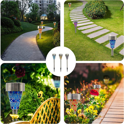 3pcs Solar Lights Outdoor Pathway Garden Cracked Stained Glasses Pathway Lights Mosaic Glass Landscape Lights Mix 3 Color LED Solar Waterproof Lights.
