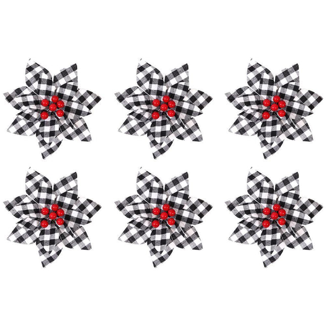 6 Pcs Christmas Plaid Flower Xmas Tree Ornaments For Vintage Xmas Tree Wreaths Wedding Holiday Decor,Black And White Plaid.