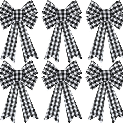 6 Pieces Large Christmas Wreath Bow Plaid Christmas Bow PVC Plastic Xmas Plaid Check Wrapping Bow for Christmas Indoor Outdoor Decorations - Black and White.
