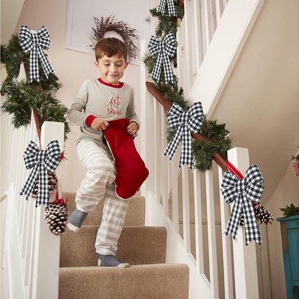 6 Pieces Large Christmas Wreath Bow Plaid Christmas Bow PVC Plastic Xmas Plaid Check Wrapping Bow for Christmas Indoor Outdoor Decorations - Black and White.