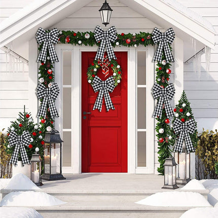 6 Pieces Large Christmas Wreath Bow Plaid Christmas Bow PVC Plastic Xmas Plaid Check Wrapping Bow for Christmas Indoor Outdoor Decorations - Black and White.