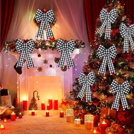 6 Pieces Large Christmas Wreath Bow Plaid Christmas Bow PVC Plastic Xmas Plaid Check Wrapping Bow for Christmas Indoor Outdoor Decorations - Black and White.
