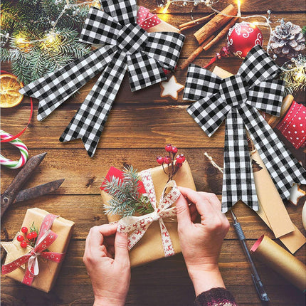 6 Pieces Large Christmas Wreath Bow Plaid Christmas Bow PVC Plastic Xmas Plaid Check Wrapping Bow for Christmas Indoor Outdoor Decorations - Black and White.