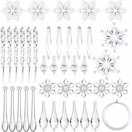 85 Pcs Christmas Decoration Acrylic Snowflake Icicles Christmas Tree Icicle Snowflake With Crystal Line Ornaments Set For Christmas Party Decorations.