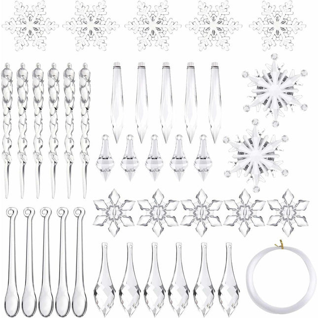 85 Pcs Christmas Decoration Acrylic Snowflake Icicles Christmas Tree Icicle Snowflake With Crystal Line Ornaments Set For Christmas Party Decorations.