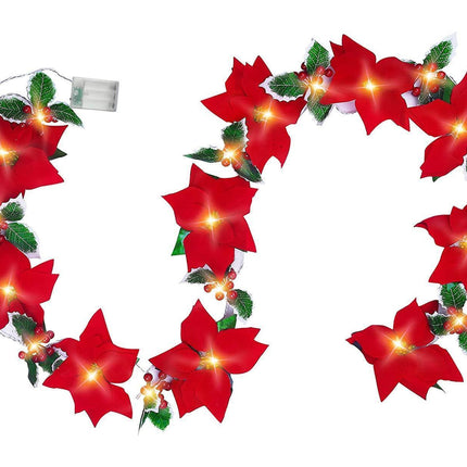 9.8Ft Lighted Poinsettia Christmas Garland String Lights with Red Berries and Holly Leaves, Pre-Lit Velvet Artificial Poinsettia Garland for Decoration.