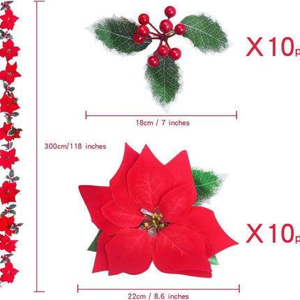 9.8Ft Lighted Poinsettia Christmas Garland String Lights with Red Berries and Holly Leaves, Pre-Lit Velvet Artificial Poinsettia Garland for Decoration.