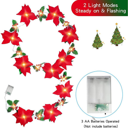 9.8Ft Lighted Poinsettia Christmas Garland String Lights with Red Berries and Holly Leaves, Pre-Lit Velvet Artificial Poinsettia Garland for Decoration.