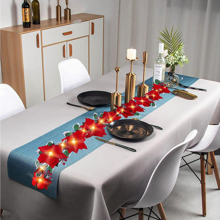 9.8Ft Lighted Poinsettia Christmas Garland String Lights with Red Berries and Holly Leaves, Pre-Lit Velvet Artificial Poinsettia Garland for Decoration.
