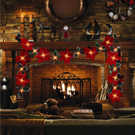 9.8Ft Lighted Poinsettia Christmas Garland String Lights with Red Berries and Holly Leaves, Pre-Lit Velvet Artificial Poinsettia Garland for Decoration.