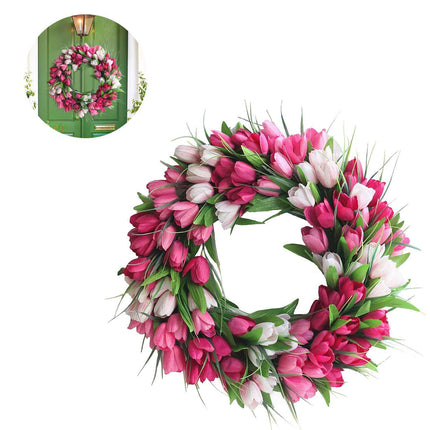 Artificial Tulip Flower Wreaths for Front Door Farmhouse Pink Wreath Spring Flower Branch Door Wreath for Outdoor Indoor Wall.