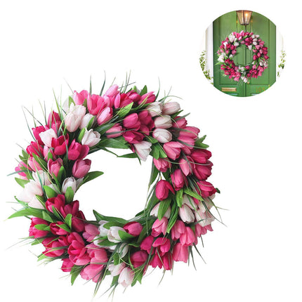Artificial Tulip Flower Wreaths for Front Door Farmhouse Pink Wreath Spring Flower Branch Door Wreath for Outdoor Indoor Wall.