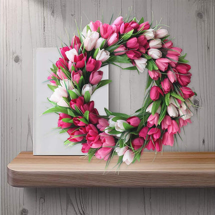 Artificial Tulip Flower Wreaths for Front Door Farmhouse Pink Wreath Spring Flower Branch Door Wreath for Outdoor Indoor Wall.